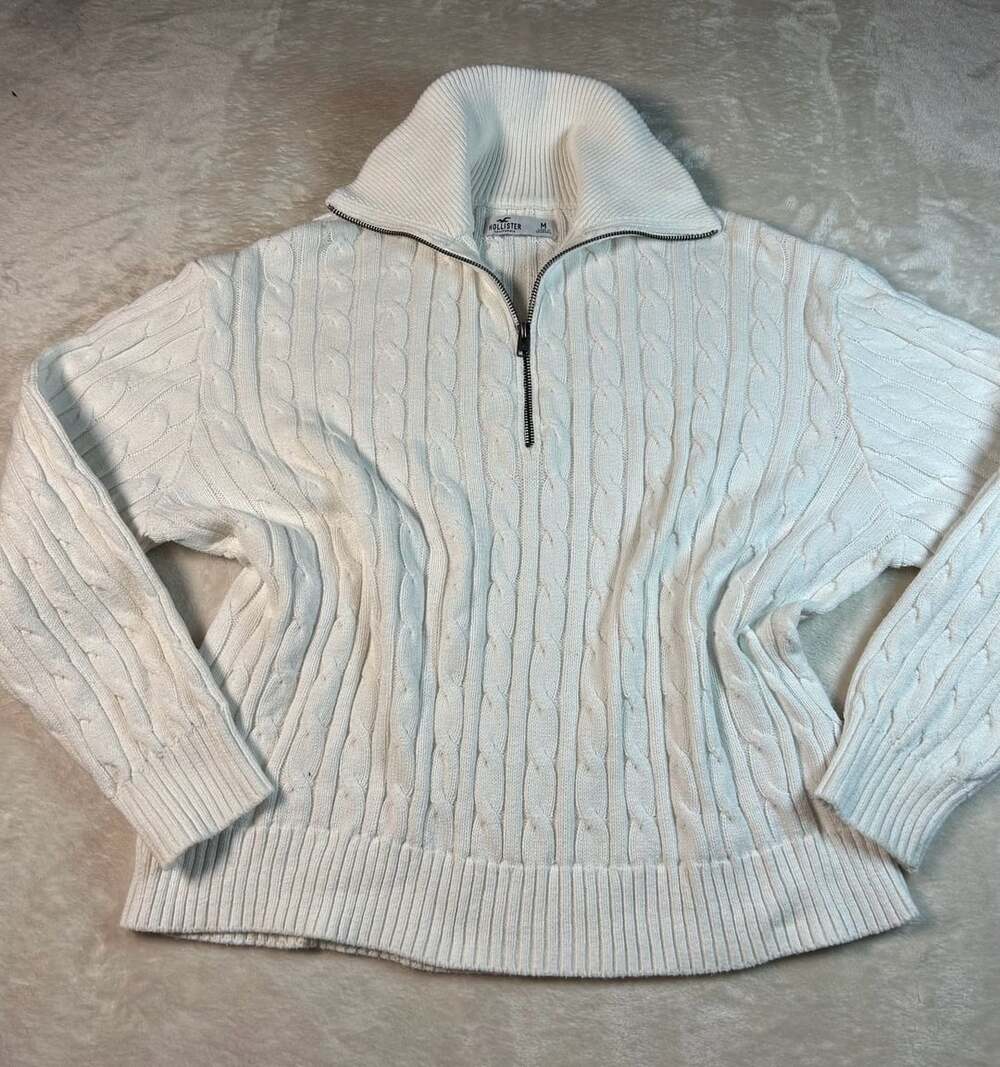 Hollister Women's Cable Knit Half-Zip Sweater Off White Cream Size Medium